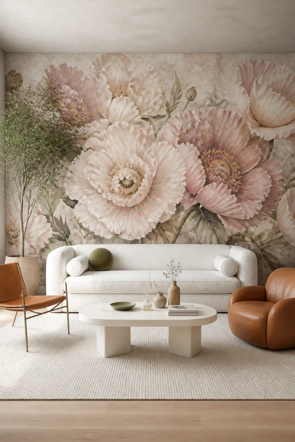 Refined modern living room with dusty blush floral wall art and neutral furnishings