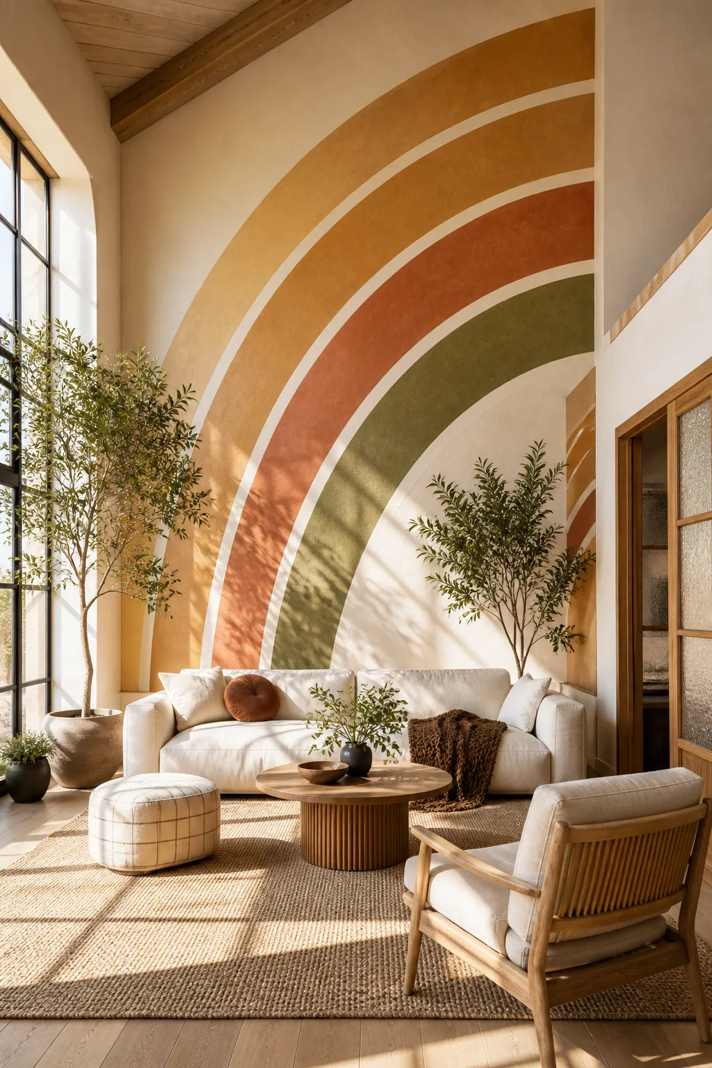 Warm bohemian living room with an earthy-toned rainbow wall design