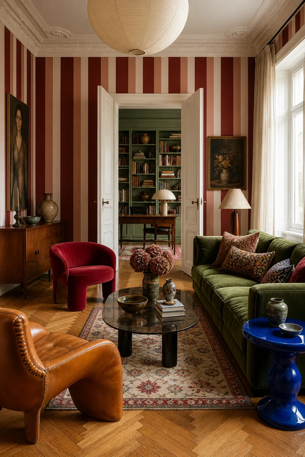 Eclectic living room featuring rich burgundy striped wallpaper