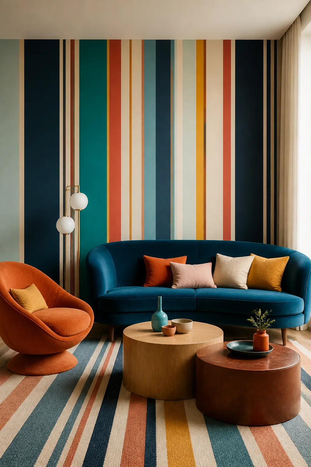 Eclectic living room unified by multicolored striped walls