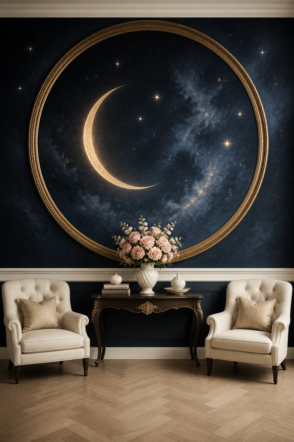 Sophisticated sitting room featuring an elegant crescent moon wall design