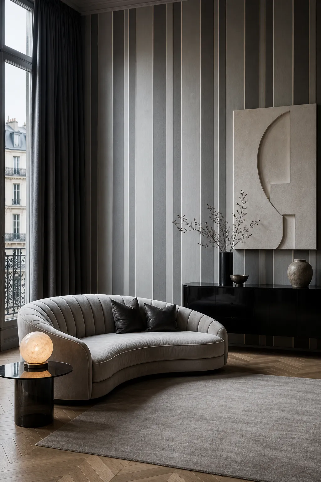Elegant living room with polished gray striped walls and refined furnishings