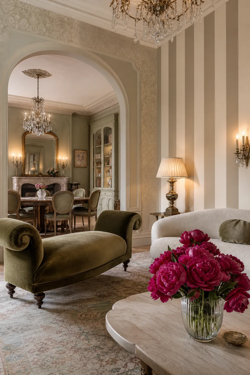 Elegant living room with neutral striped wallpaper and timeless furniture