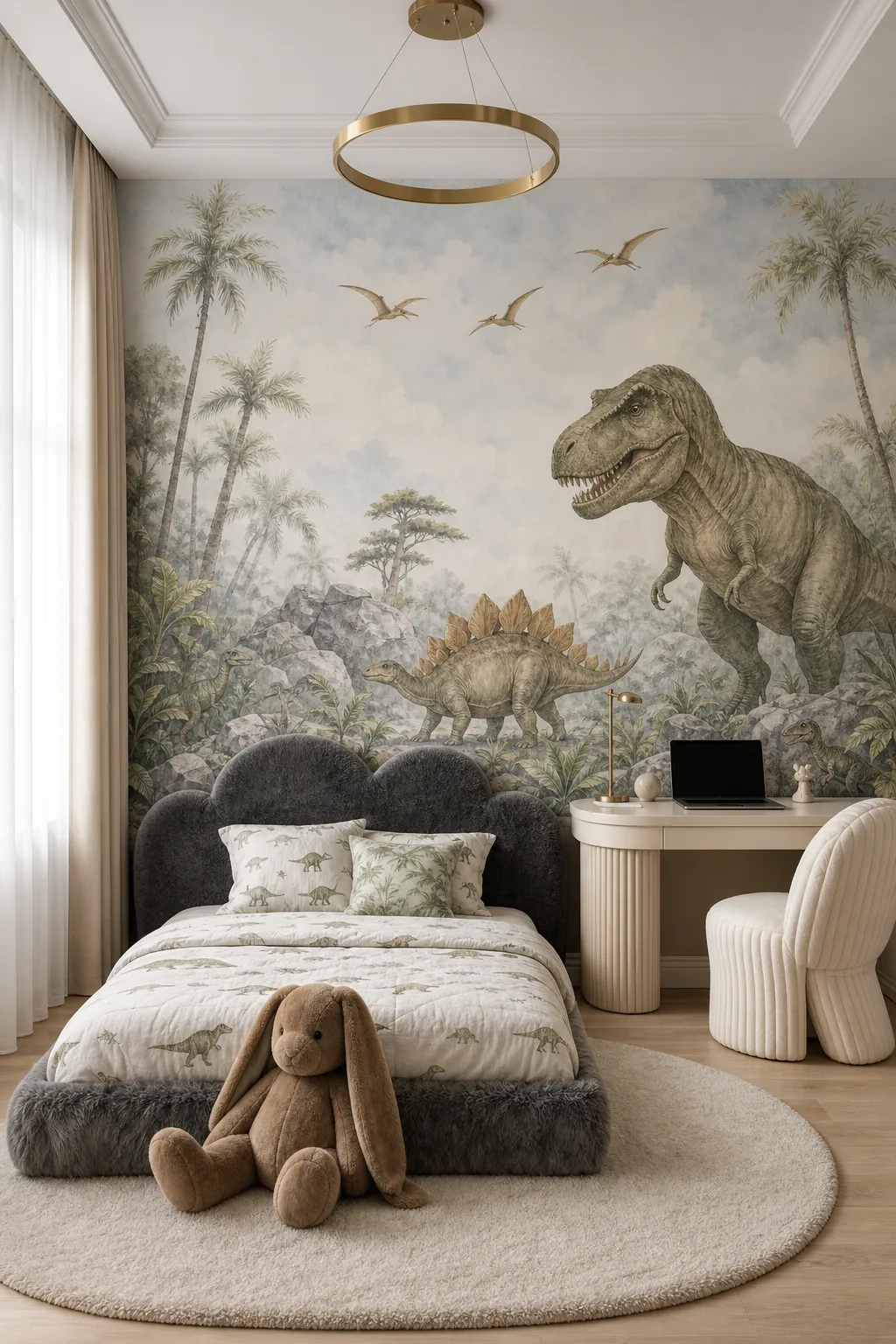 Elegant kids bedroom with a refined pastel dinosaur mural and soft coordinated decor