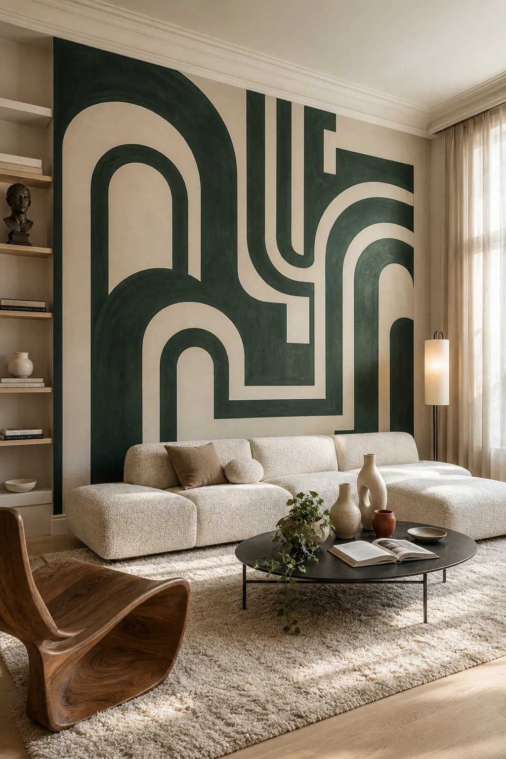Modern interior featuring an emerald green maze-patterned feature wall