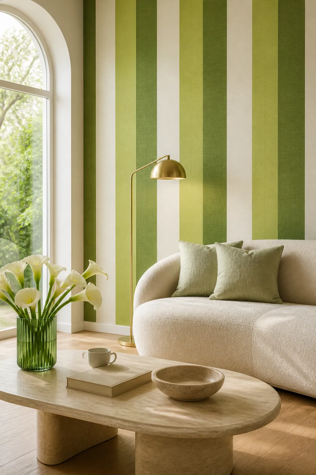 Light-filled living room refreshed with green striped walls and airy decor