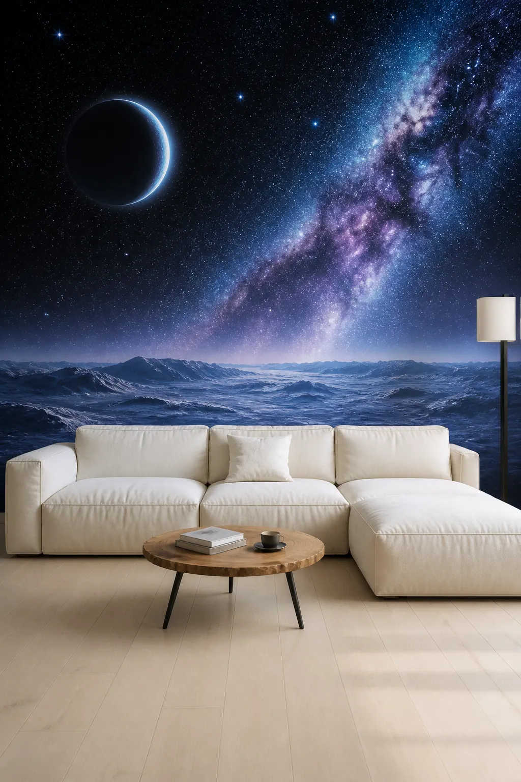 Living room featuring a panoramic galaxy mural in blue and violet tones