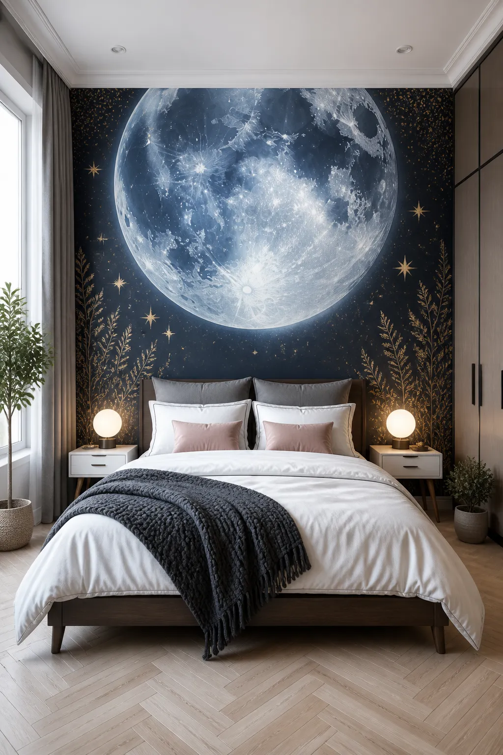 Serene bedroom with a giant blue moon mural centered behind the bed