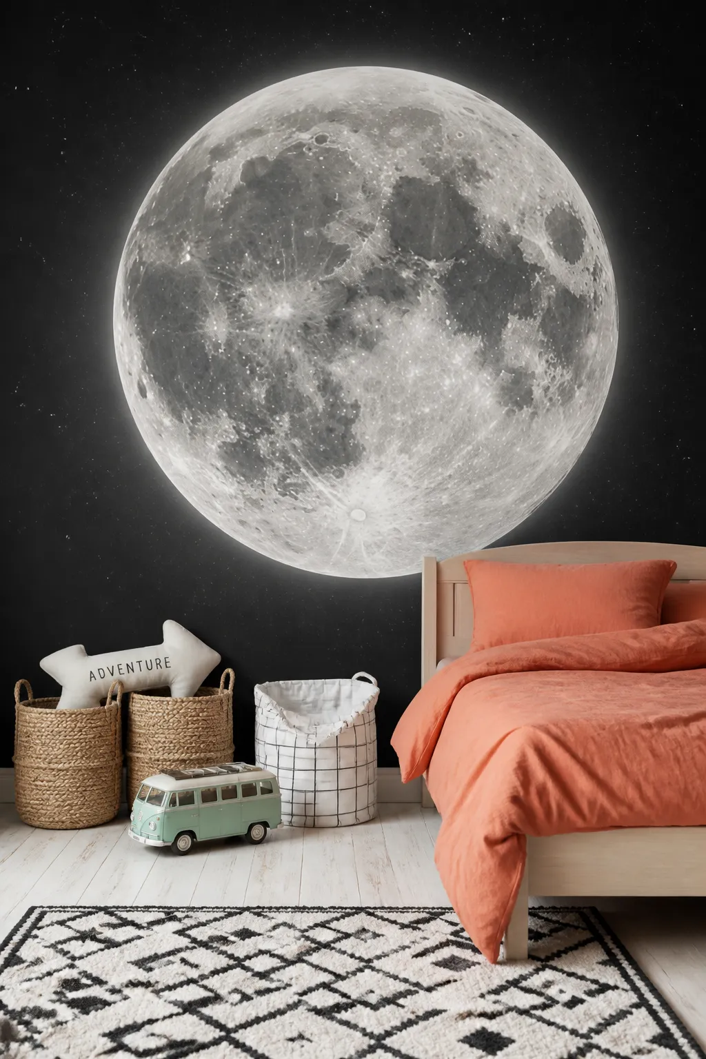 Kids’ bedroom with a giant full-moon mural above a cozy bed and playful decor