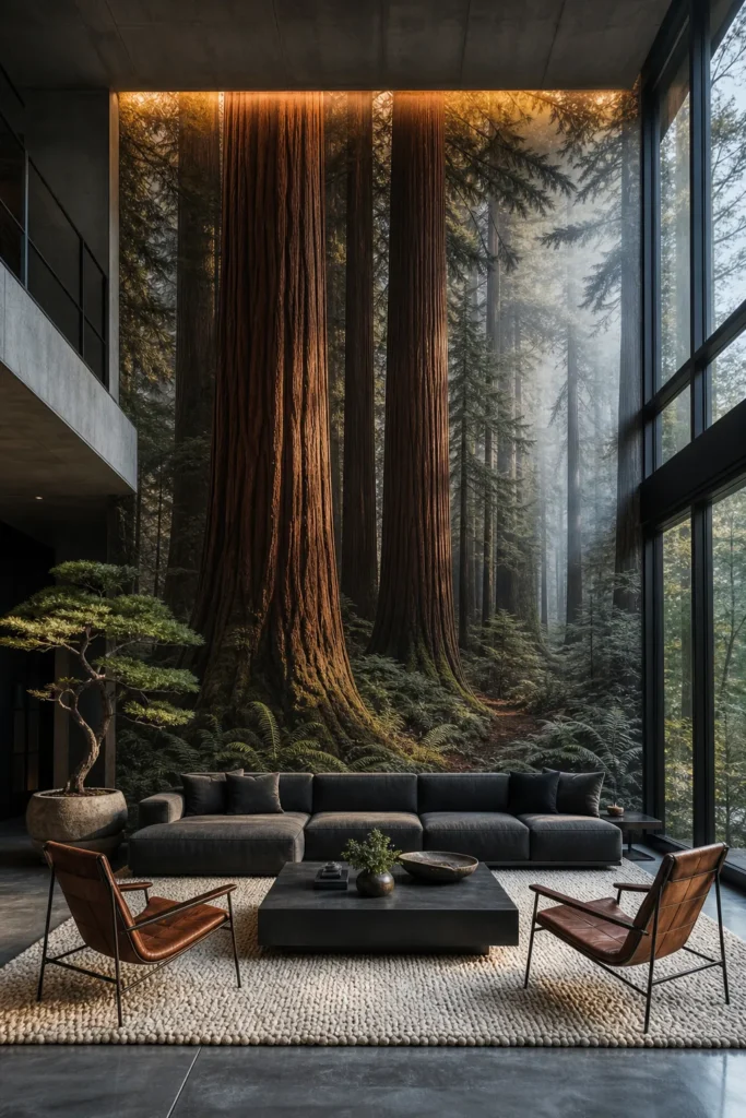 Dramatic living room with a towering giant redwood forest mural