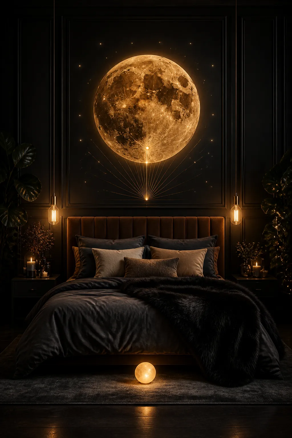 Dark luxurious bedroom with a glowing amber moon mural behind the bed