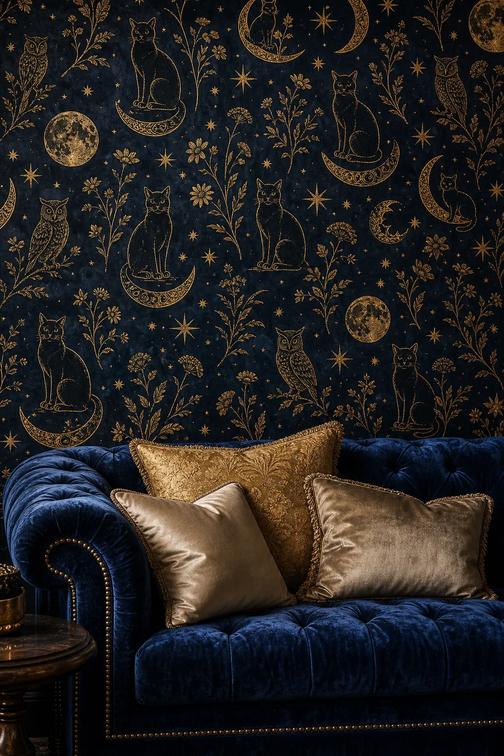 Quirky celestial wall decorated with cats, owls, moons, and golden stars