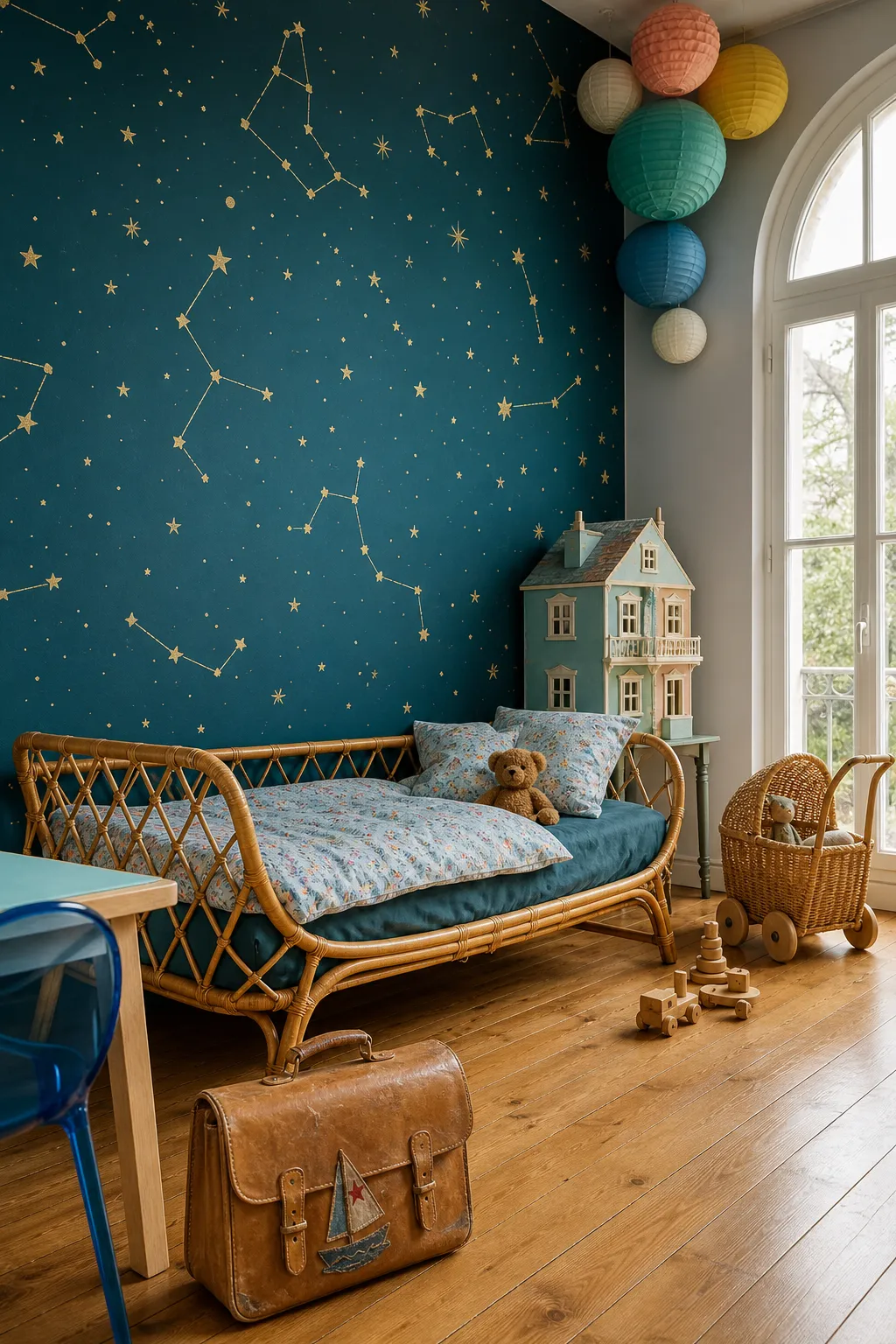 Kids room accent wall decorated with playful gold constellation patterns