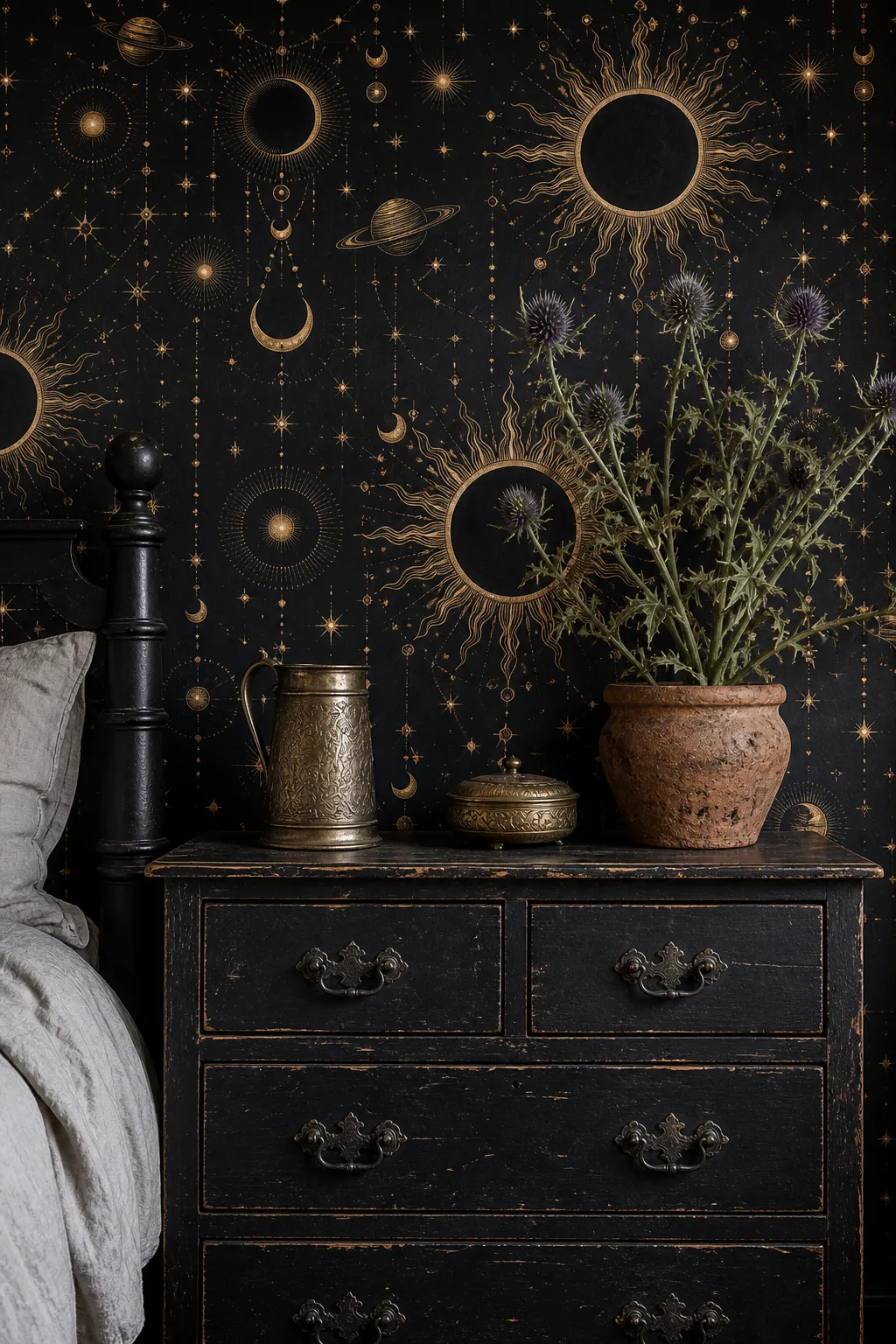 Enchanted dark bedroom centered on a radiant golden eclipse mural above the bed