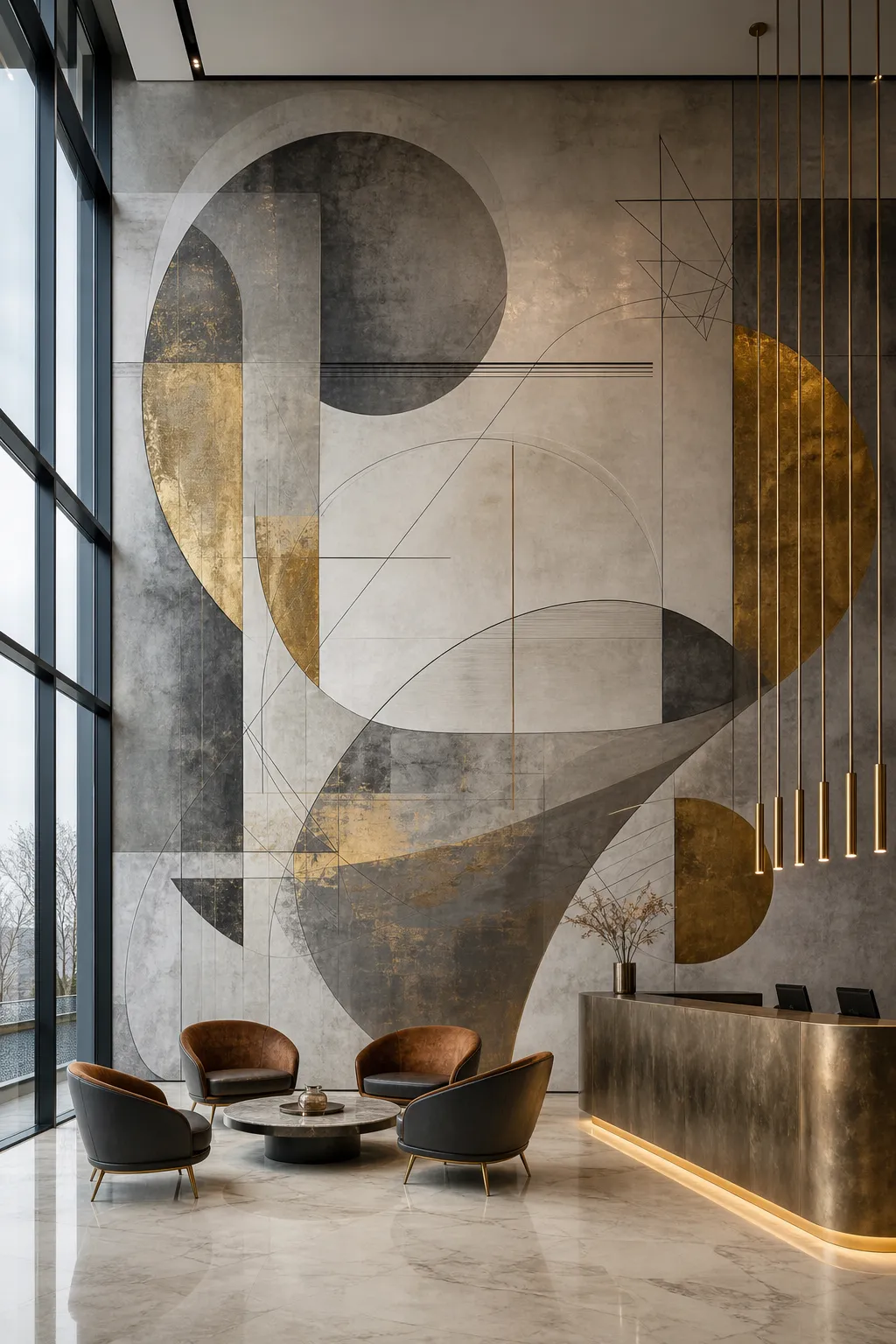 Modern lobby with a geometric gold and graphite feature wall