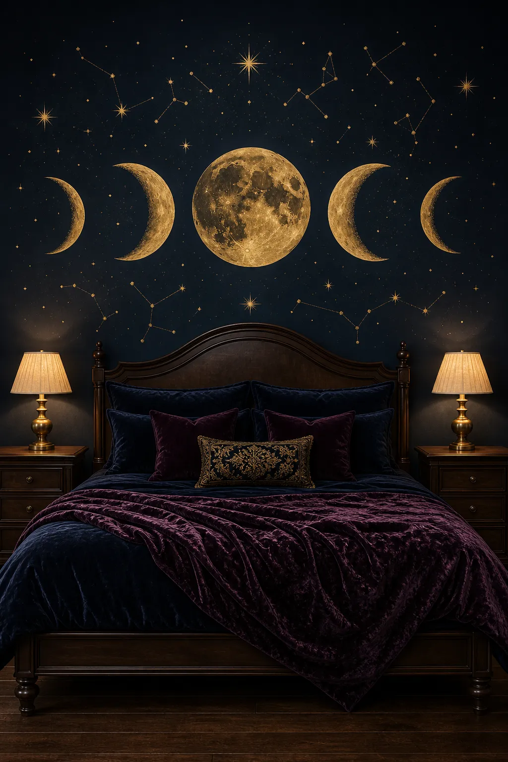 Moody dark bedroom decorated with gold moon phases, constellations, and layered bedding