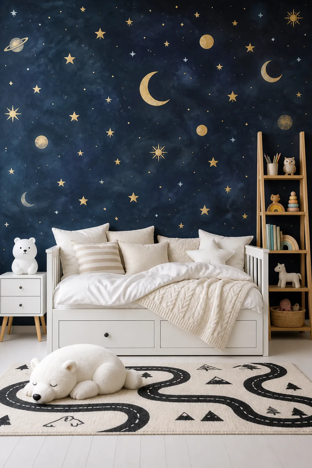Whimsical kids’ room with scattered gold stars and moons on pale walls