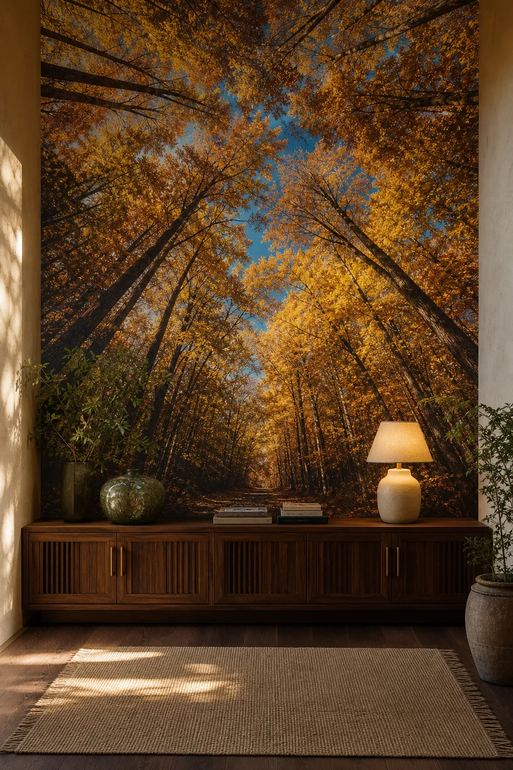 Console table styled beneath a wall mural of golden autumn trees