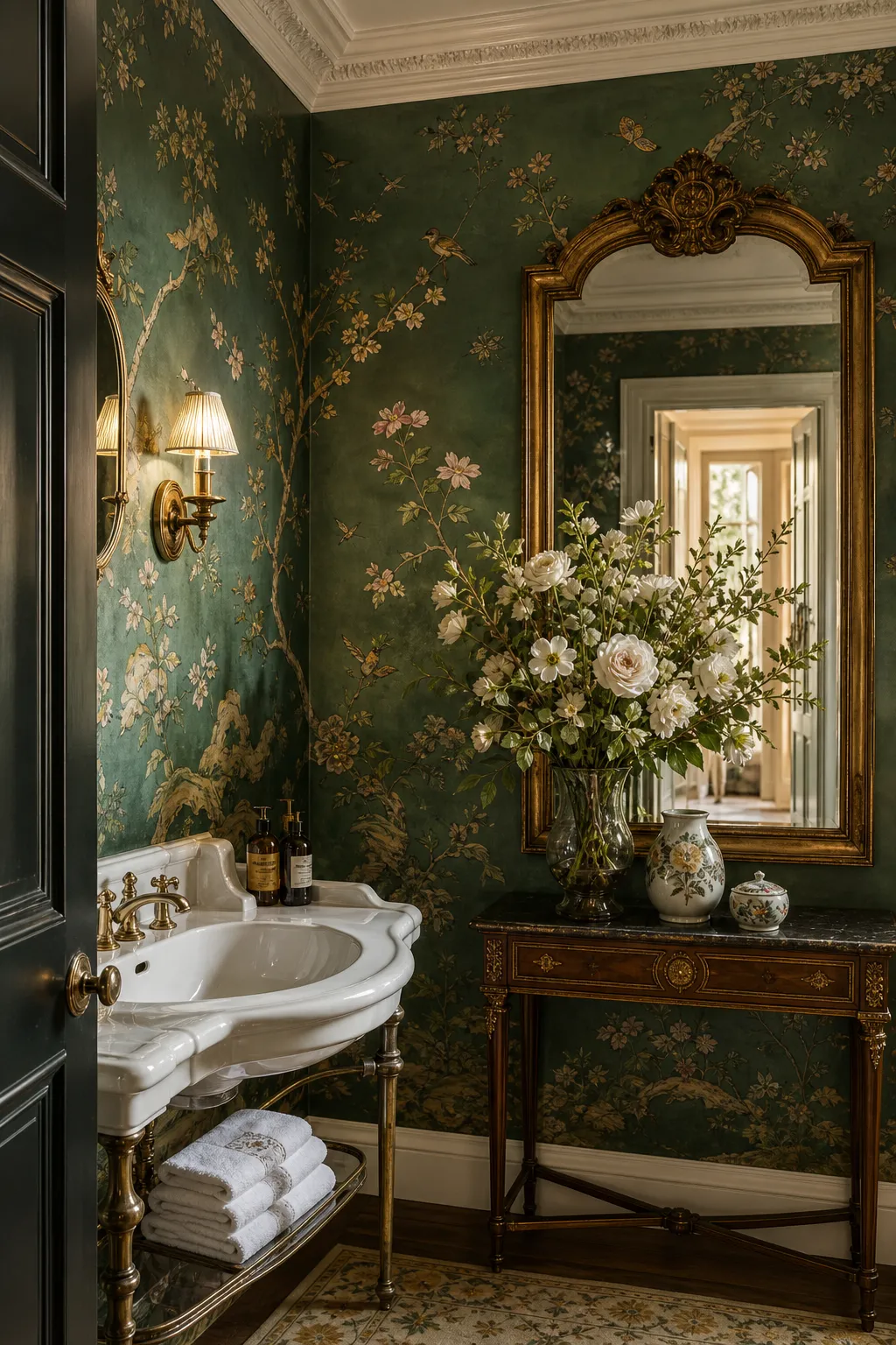 Traditional bathroom decorated with golden chinoiserie wallpaper and elegant vintage accents