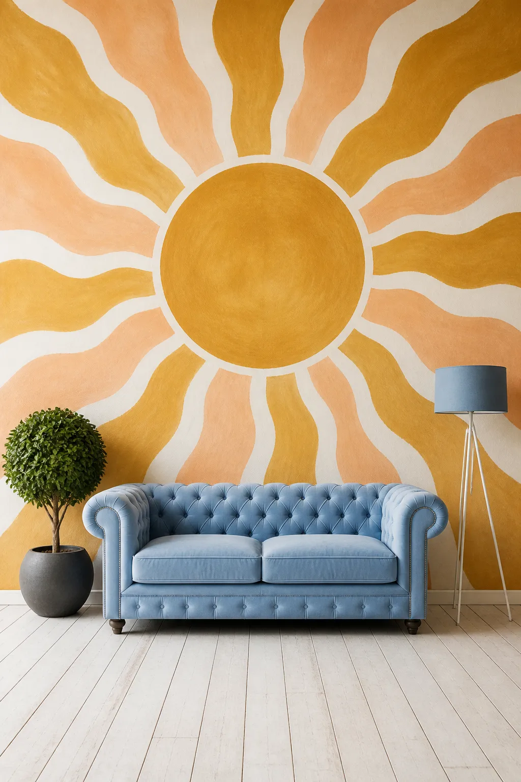 Modern living room with a golden sun mural and radiating rays
