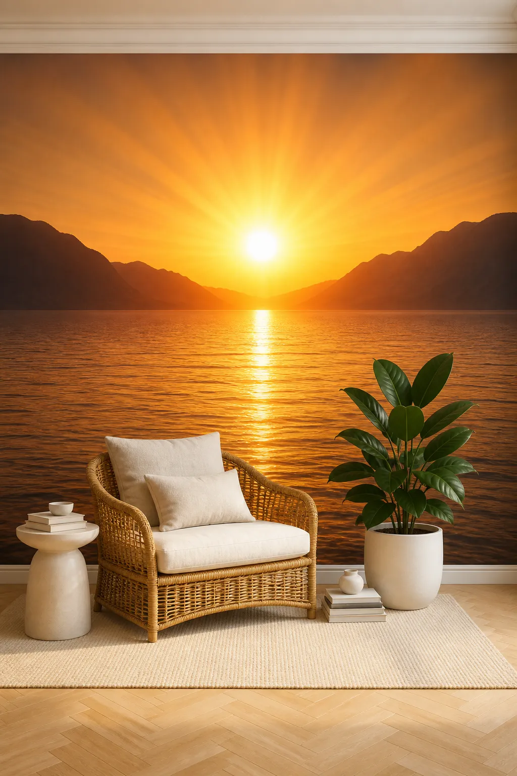 Reading corner with a golden ocean sunset mural and comfortable chair