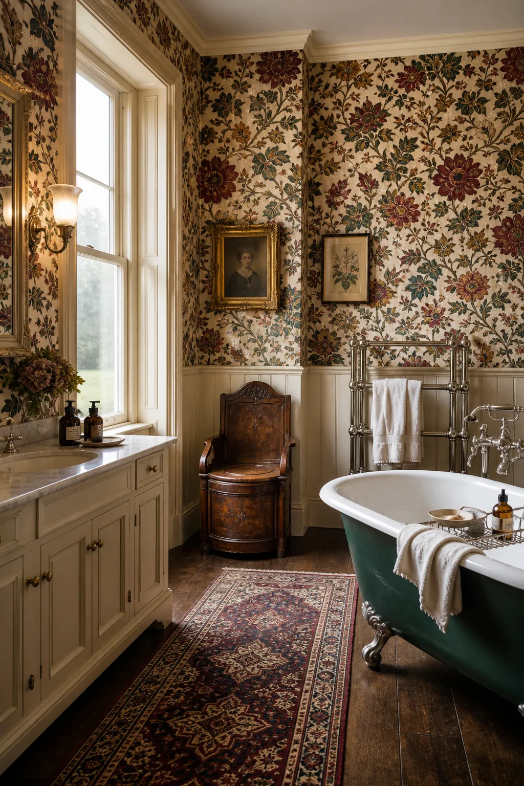 English country bathroom with colorful grandmillennial floral wallpaper