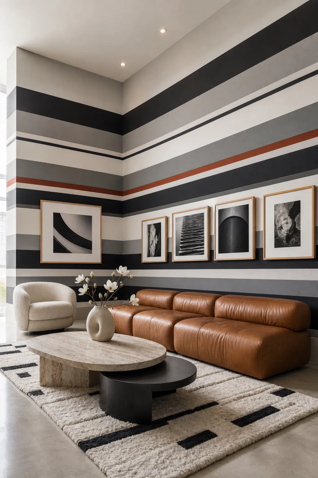 Living room with graphic horizontal wall stripes that visually widen the space