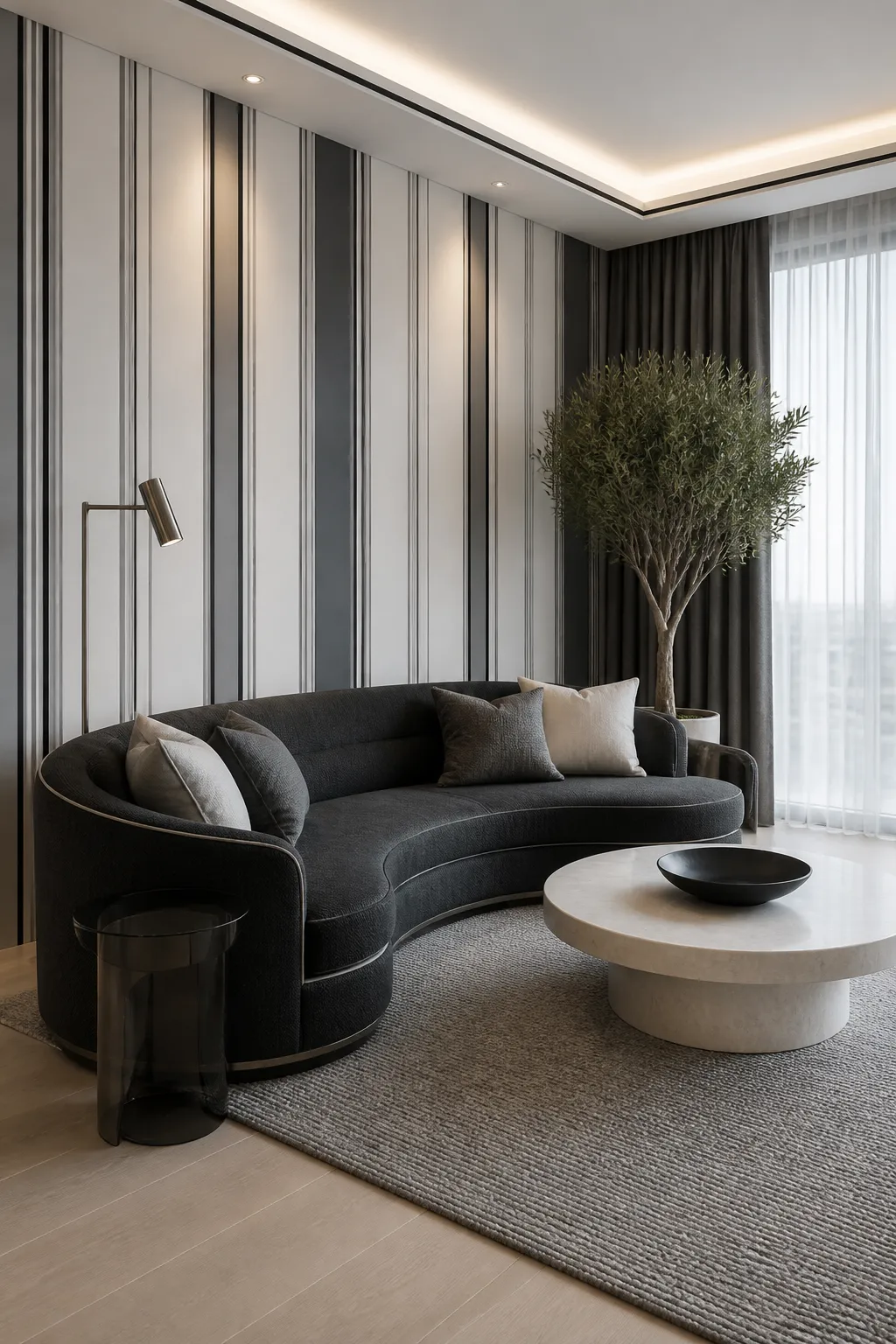 Contemporary lounge featuring sleek gray vertical striped walls
