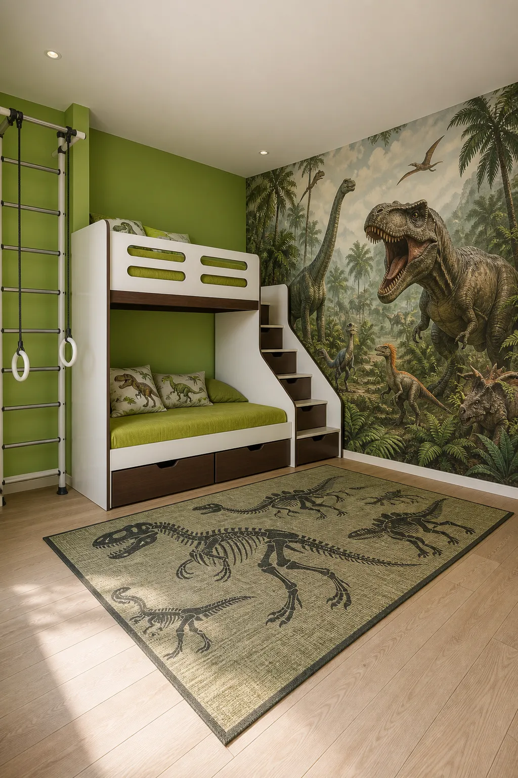 Kids bedroom with wooden bunk beds and a large green dinosaur mural
