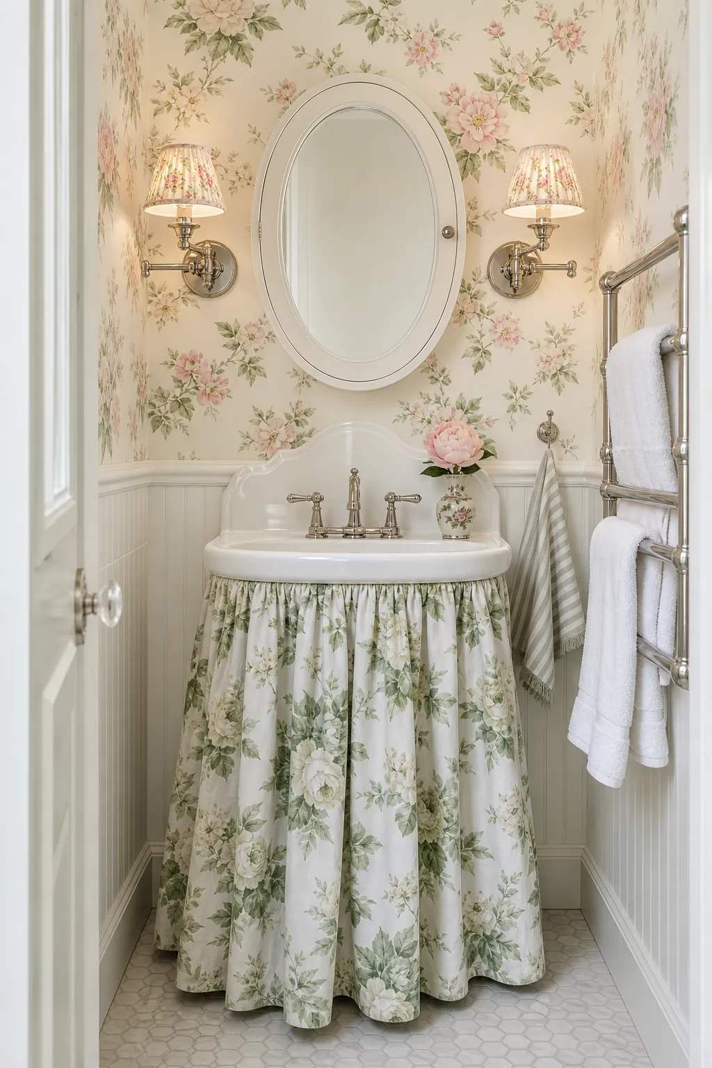Charming powder room refreshed with green wallpaper covered in delicate rose florals