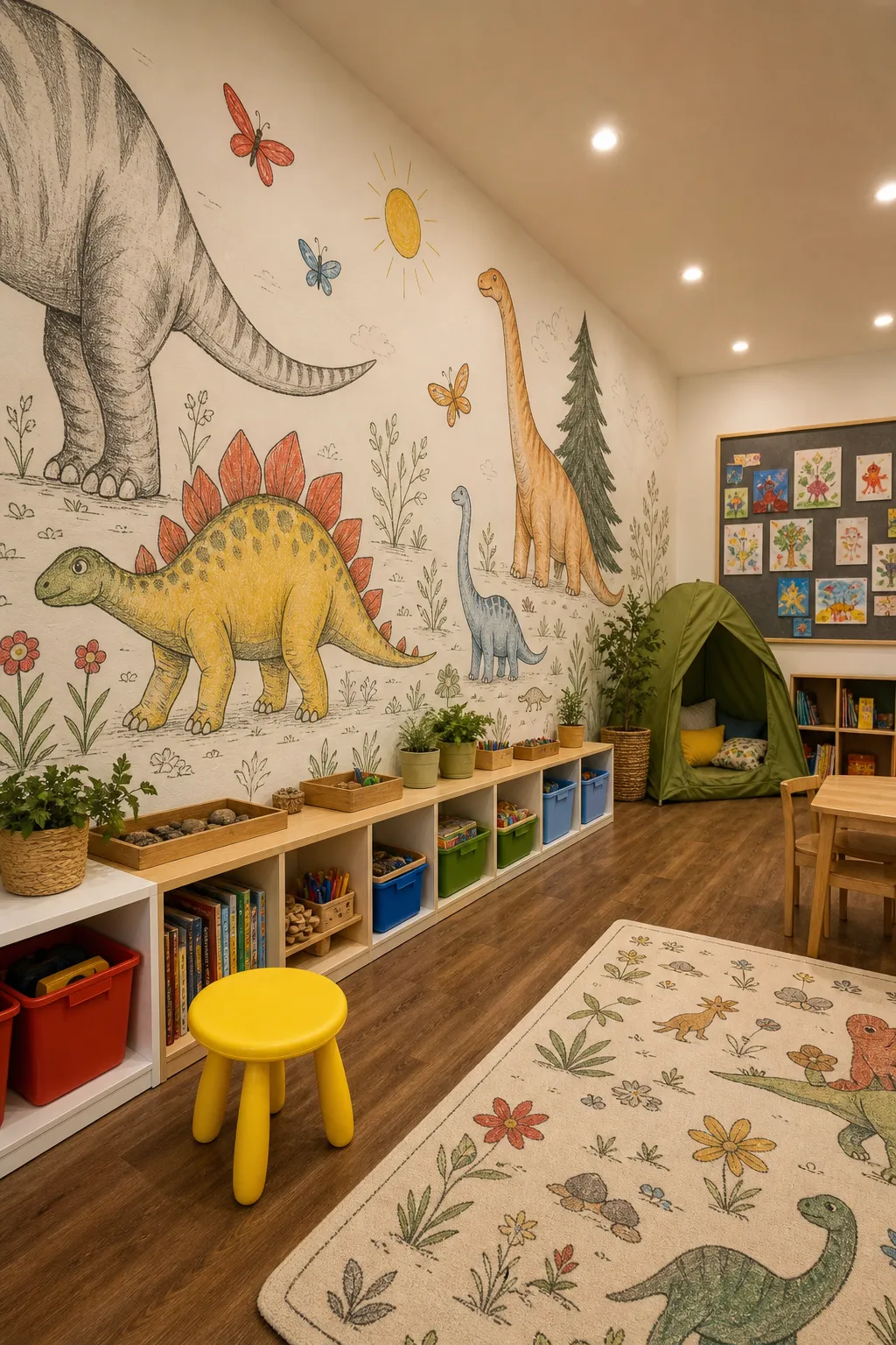 Creative children’s play space featuring a hand-drawn dinosaur mural beside art and activity areas