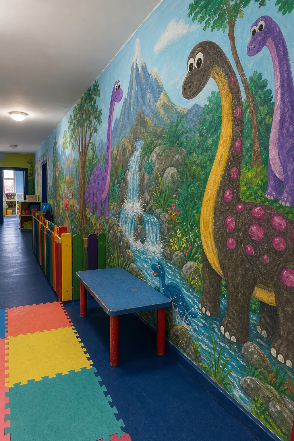 Bright daycare featuring a hand-painted landscape filled with colorful dinosaurs and natural scenery
