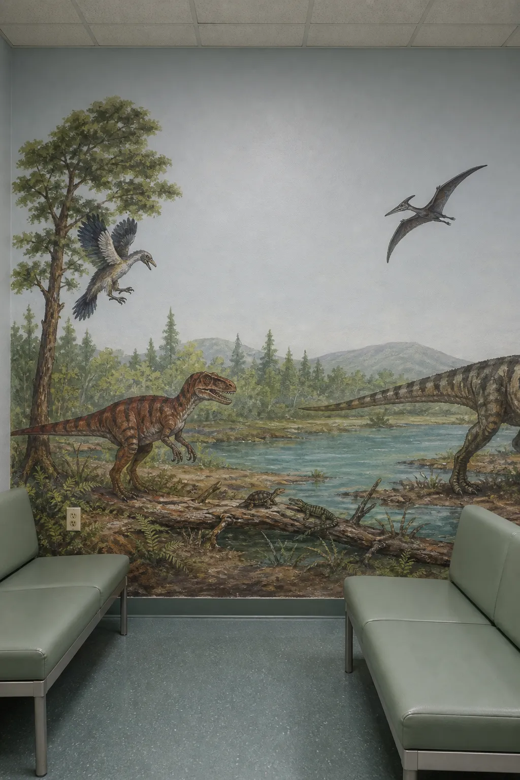 Clinic waiting area with a friendly hand-painted dinosaur wall scene