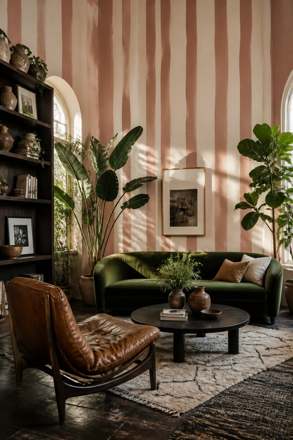 Relaxed living room featuring hand-painted pink striped walls