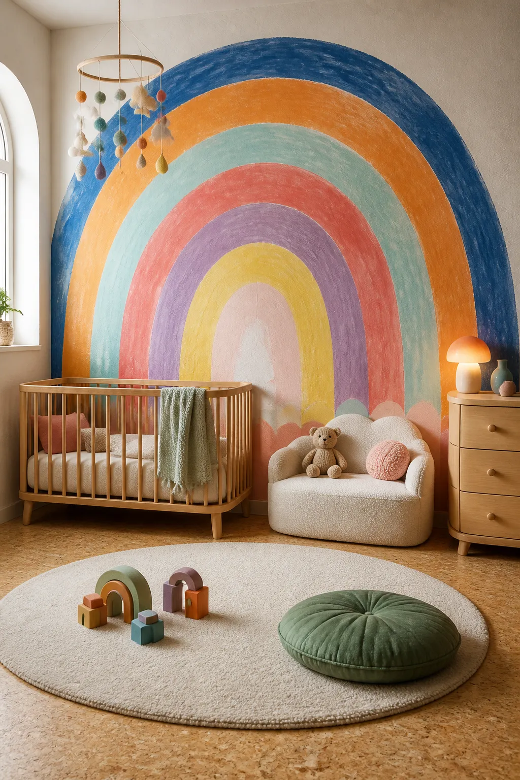 Nursery wall featuring a charming hand-painted rainbow in gentle colors