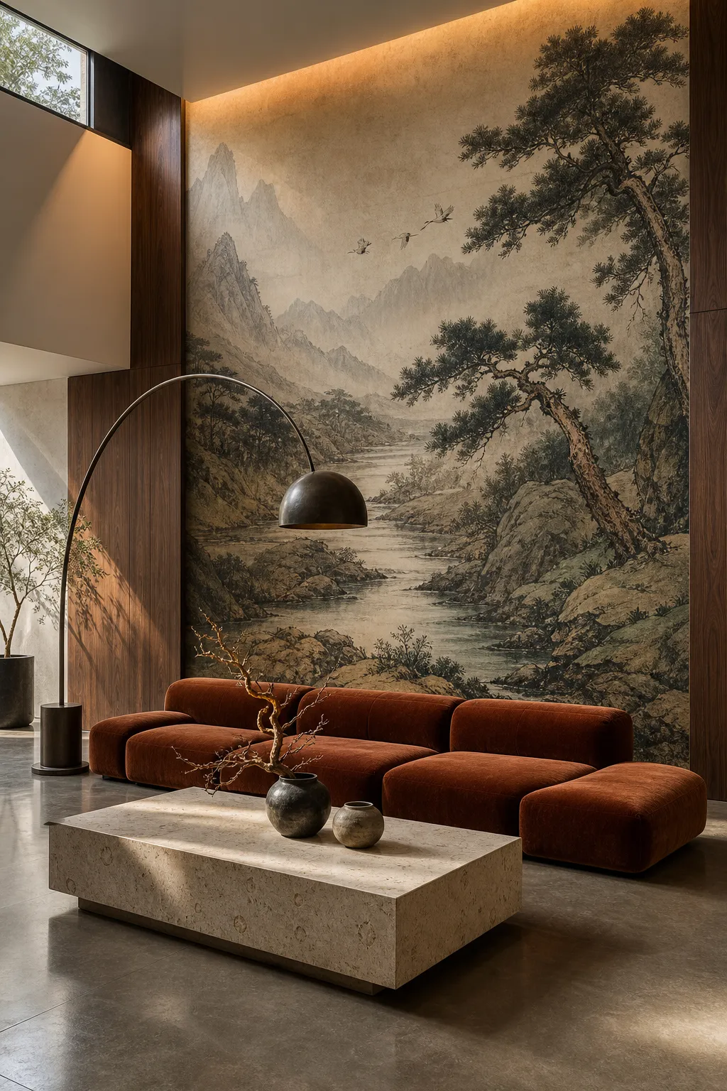 Sophisticated living room finished with a hand-painted tree mural