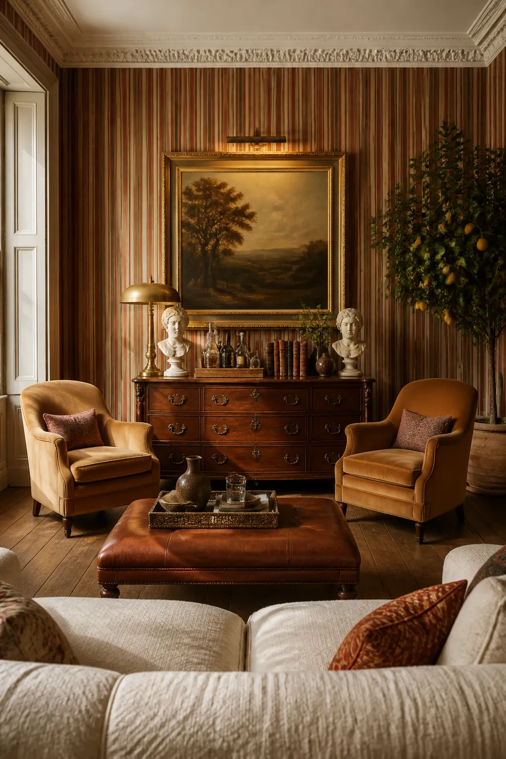 Heritage-inspired living room decorated with warm rust striped wallpaper