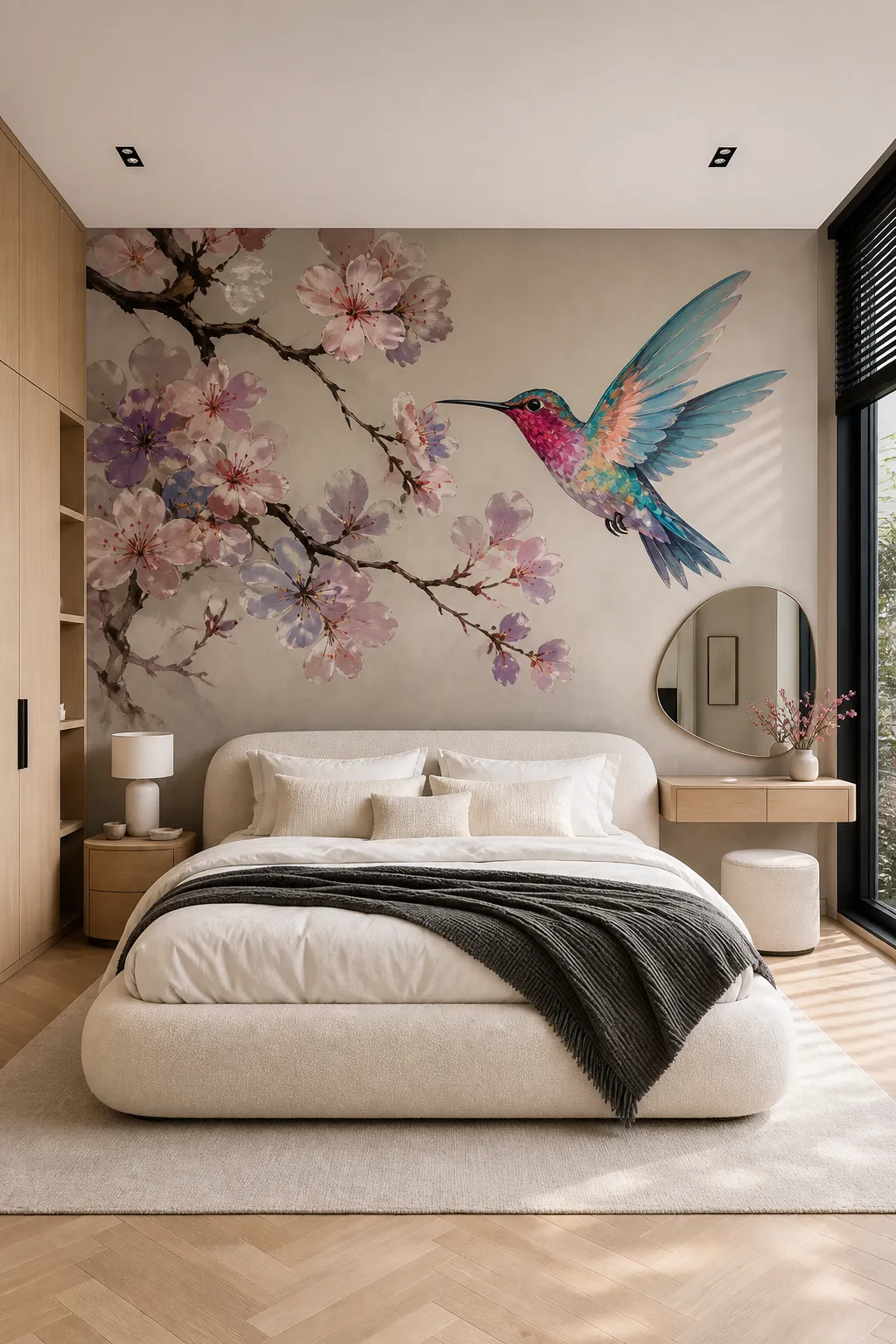 Pink cherry blossom mural featuring a hummingbird in flight among the branches