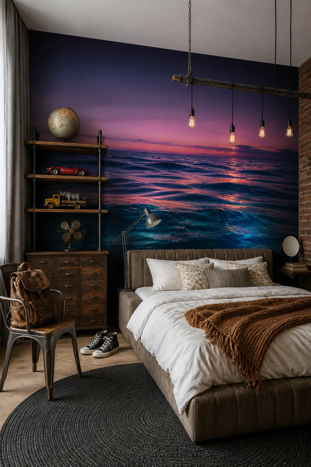 Industrial-style bedroom with dark metal details and a large dreamy ocean artwork above the bed
