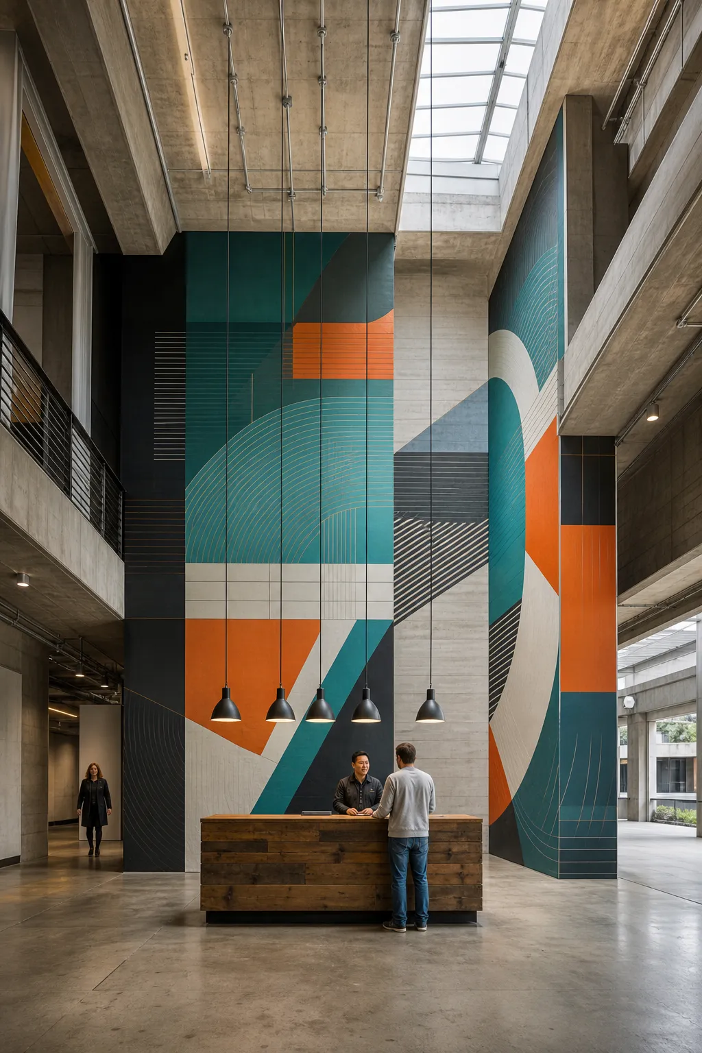 Industrial lobby featuring a dramatic striped geometric wall design