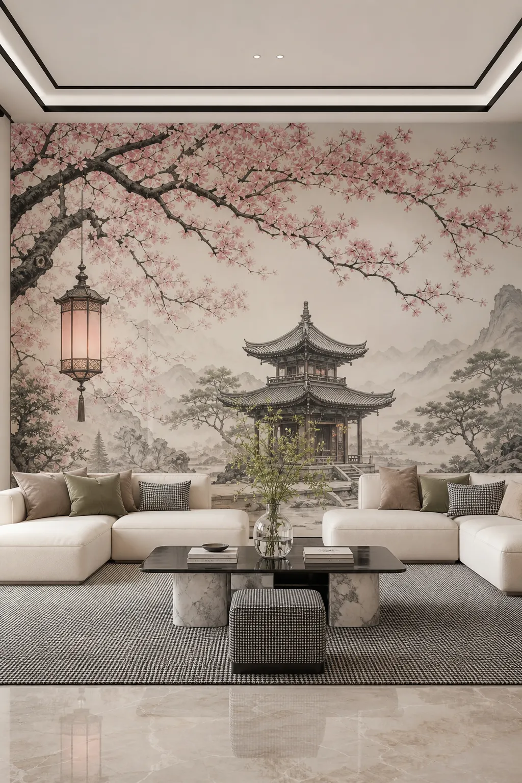 Serene living room featuring a Japanese blossom garden mural in soft pink tones