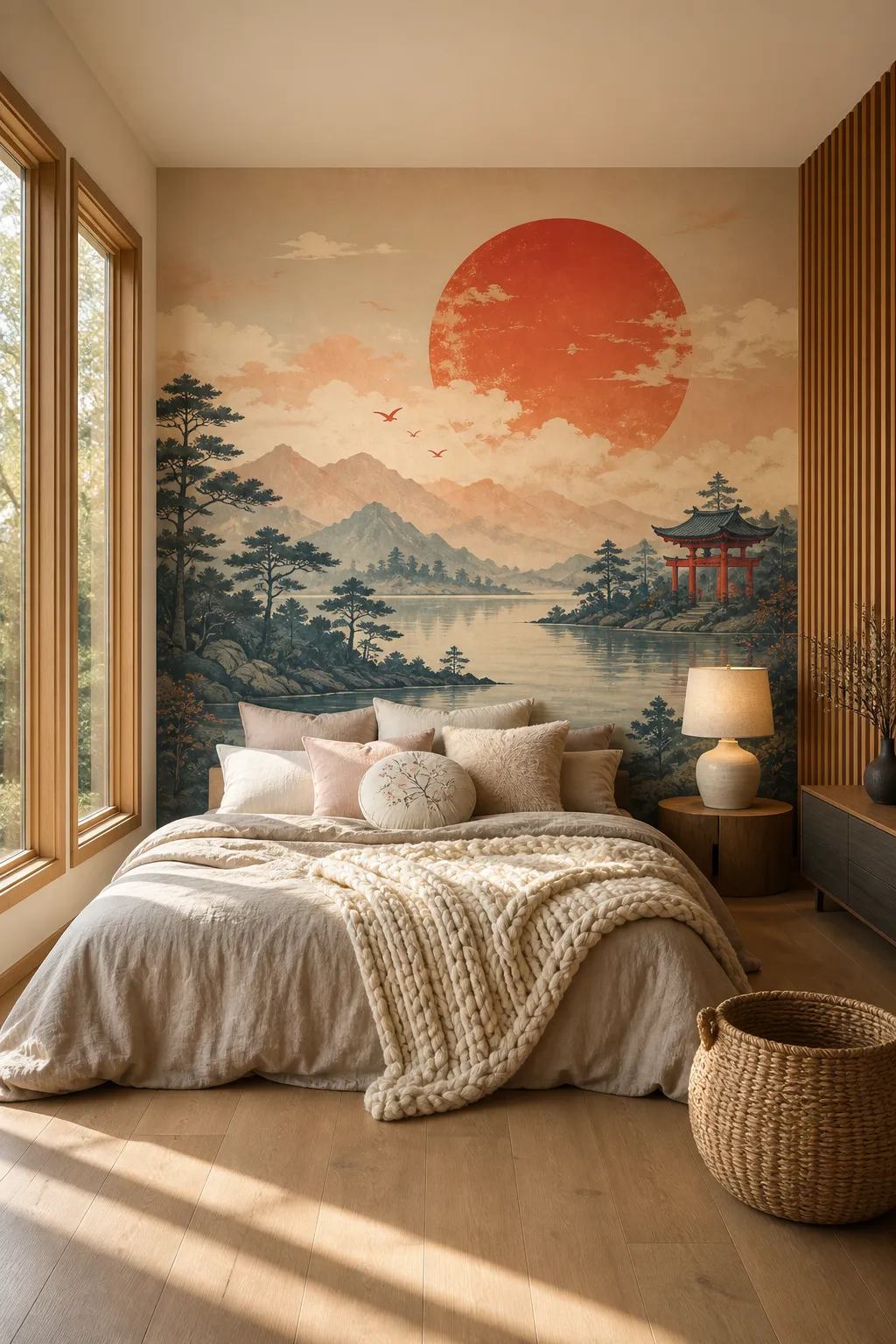 Minimal Japanese-inspired wall mural with a red sun and layered mountains