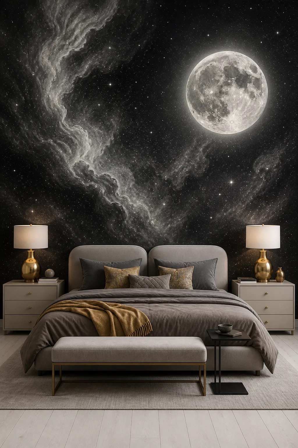Luxury bedroom featuring a luminous full-moon mural behind an upholstered bed
