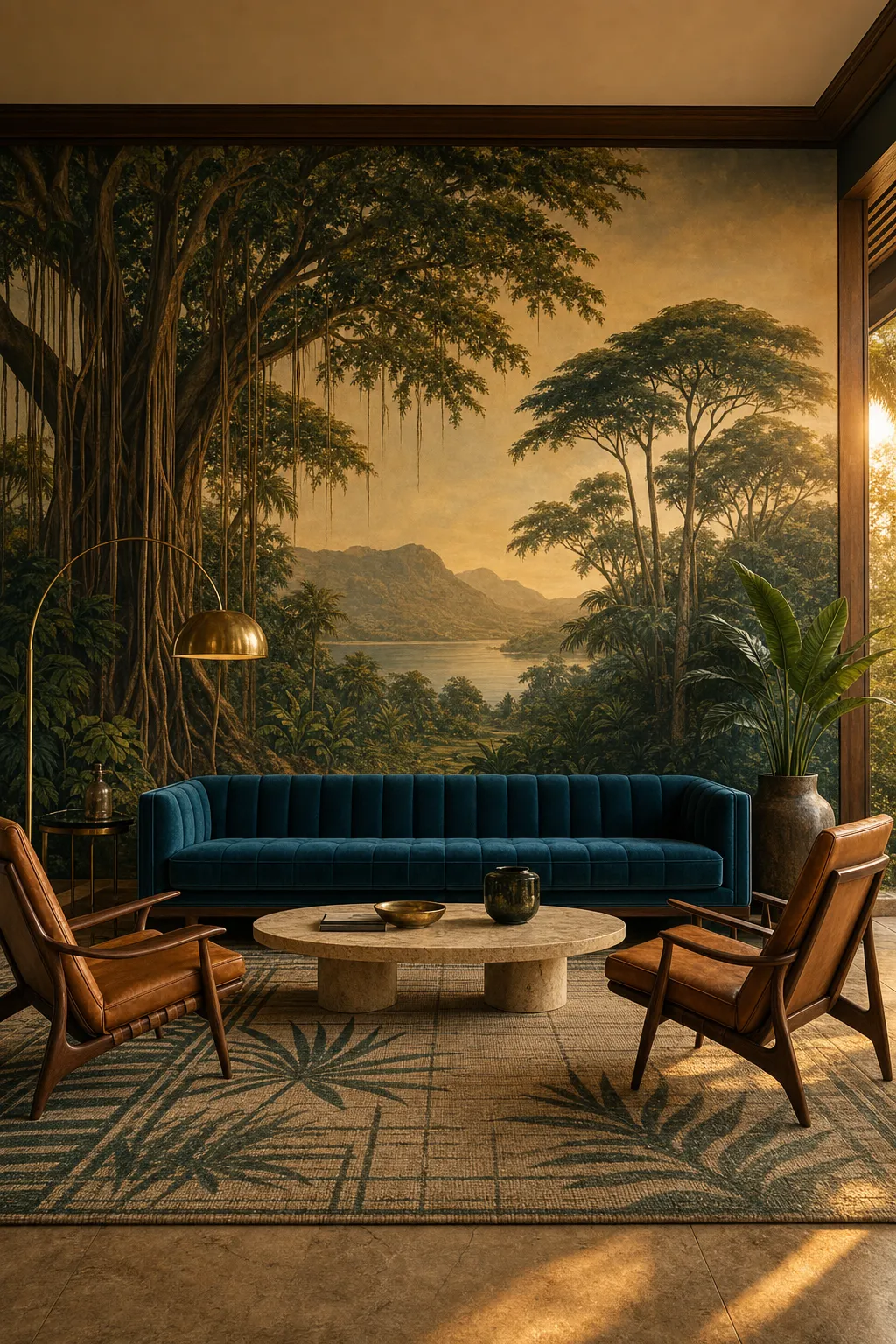 Mid-century living space set against a lush green jungle wall mural