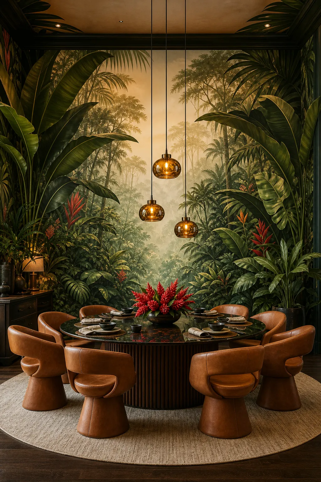 Dining room surrounded by a lush panoramic jungle mural