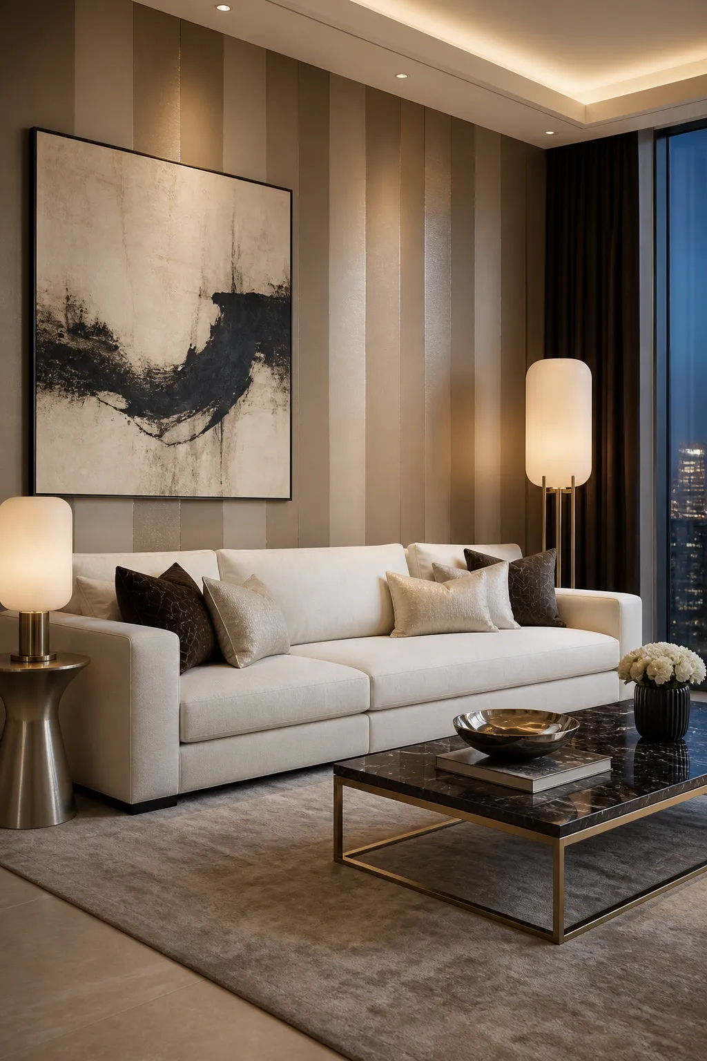 Refined neutral living room with striped walls and luxurious layered textures