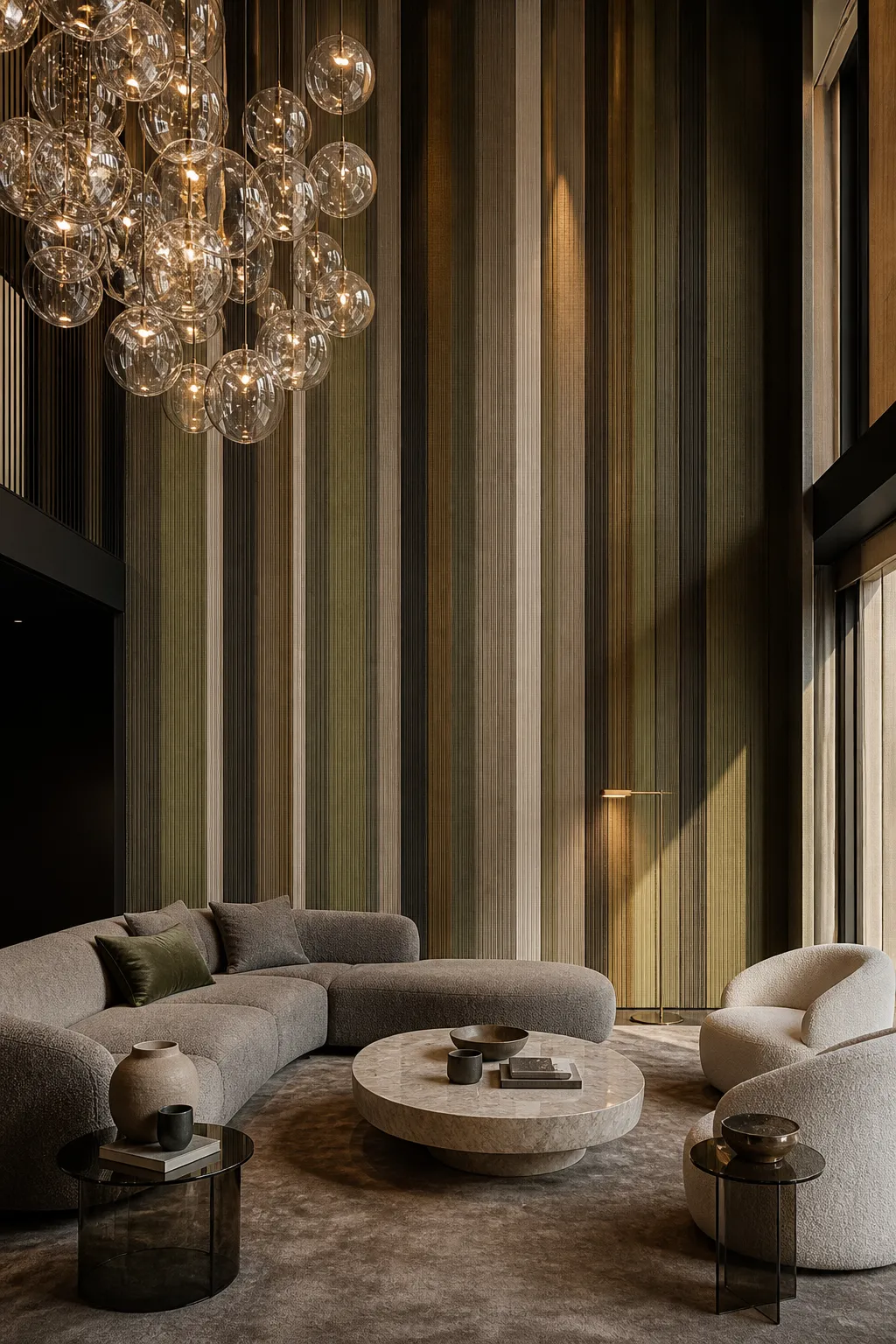 Luxurious living room with dramatic olive vertical striped wallpaper
