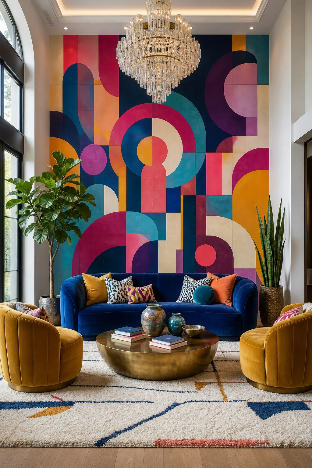 Joyful maximalist living room surrounded by layered colorful shapes