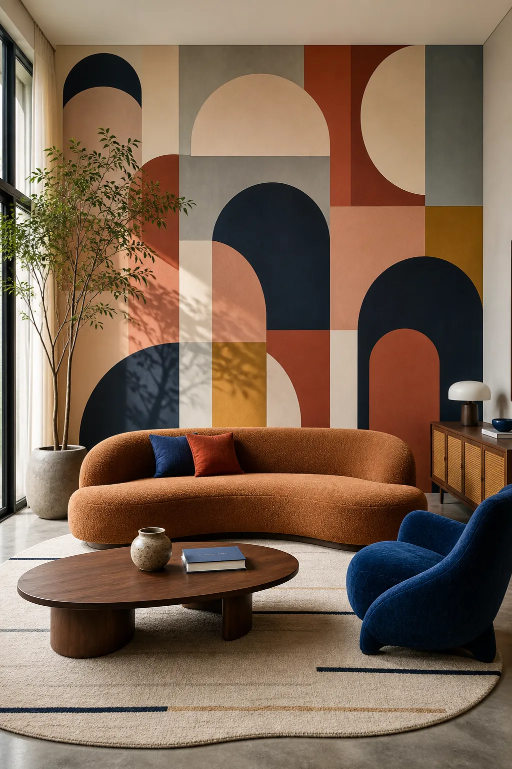 Mid-century living room anchored by a bold graphic geometric mural