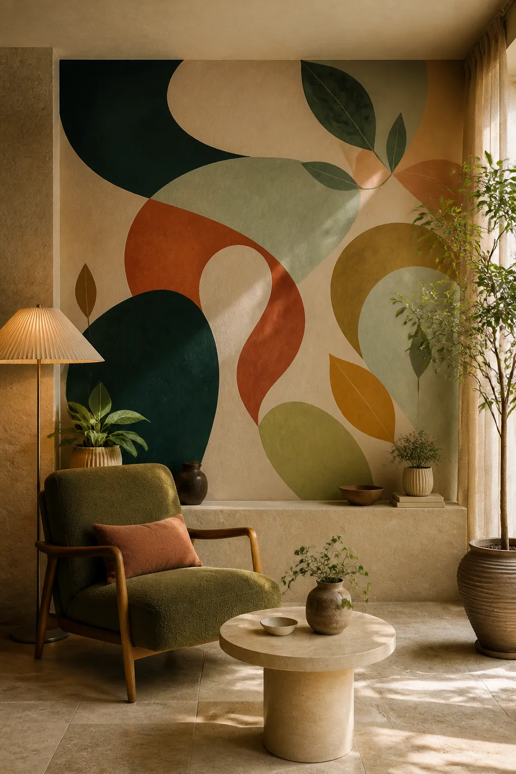 Cozy reading nook with a mid-century mural of warm organic geometric shapes